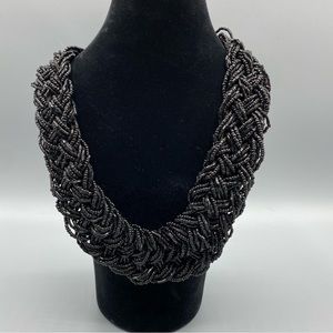 Vintage Bead Necklace Seed Bugle Braided Black Silver Tone Lobster Clasp 18”
